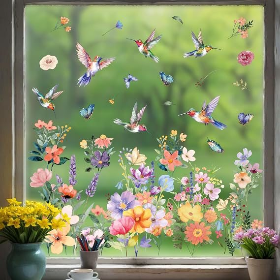 WALPLUS Flight Among Petals: Hummingbirds in Spring Window Stickers, Removable Reusable Double-Sided Glass Clings for Home, Kids Room, Classroom and Seasonal Decor