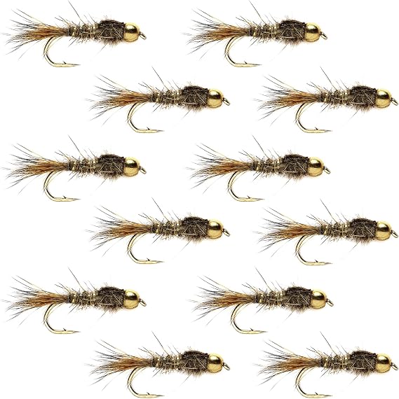The Fly Fishing Place Tungsten Bead Head Gold Ribbed Hare's Ear Nymph Fly Fishing Flies - Set of 12 Flies Hook Size 16 - One Dozen