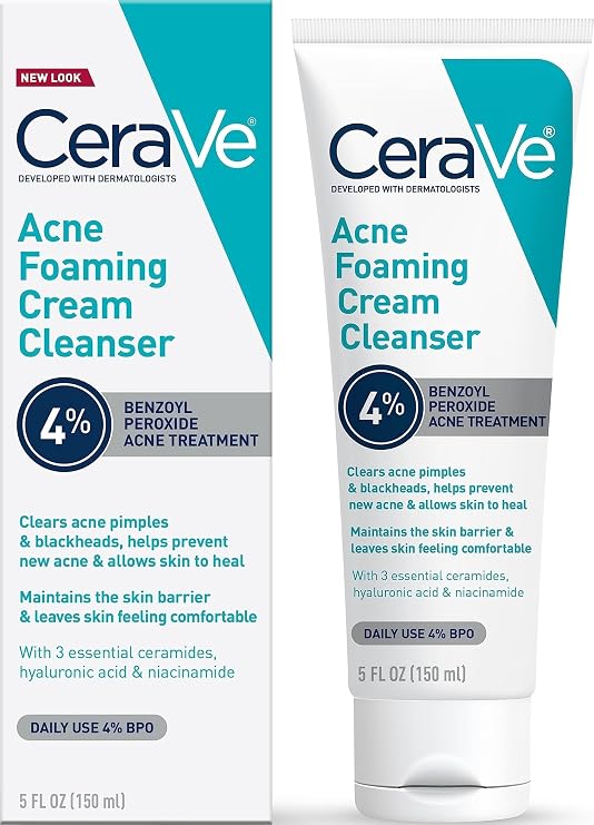CeraVe Foaming Acne Cream Cleanser, Face Wash with 4% Benzoyl Peroxide, 5oz | Skin Care, Hyaluronic Acid, Niacinamide, Facial Cleanser, Acne Treatment For Face, Face Care, Gentle Cleanser, Ceramides