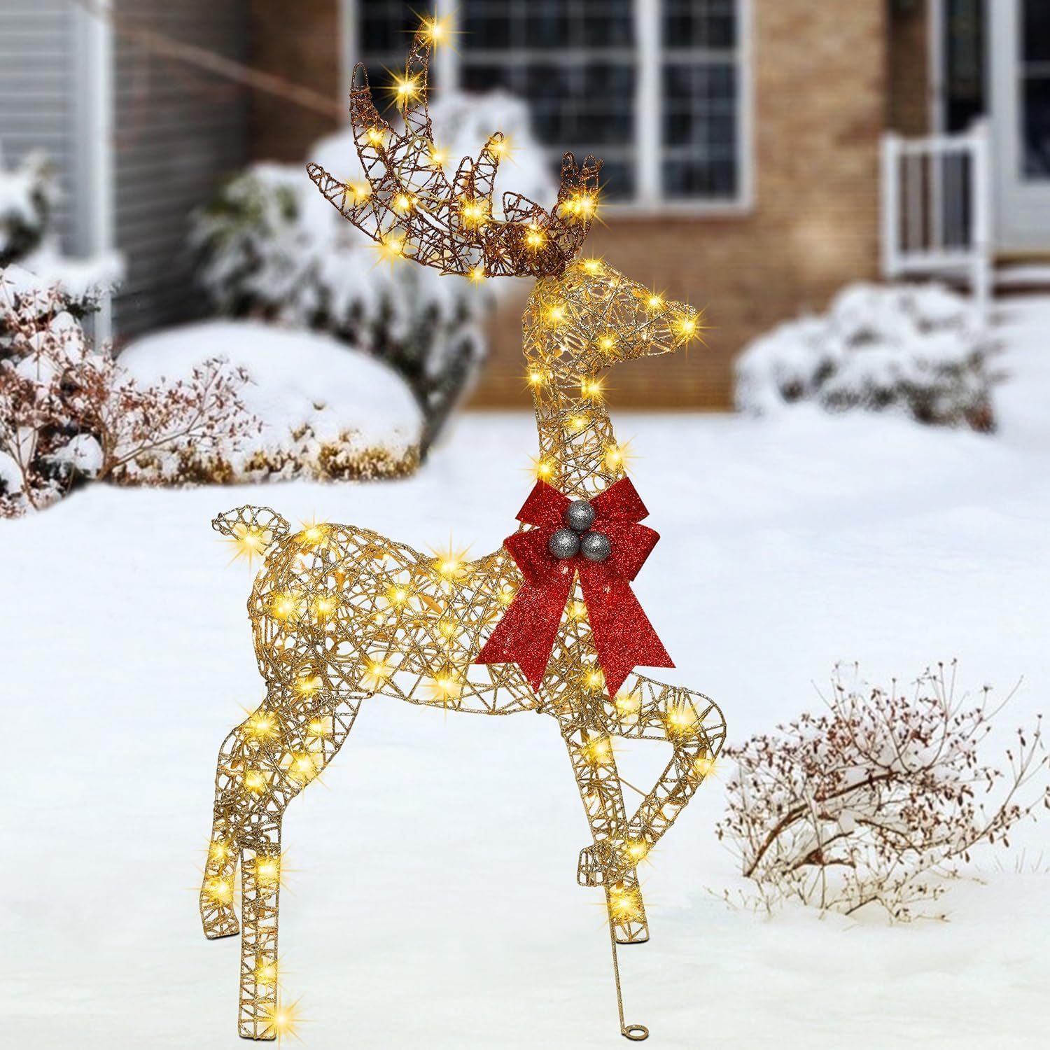 Hausse Lighted Christmas Reindeer, 47 Pre-Lit 3D Glitter Gold Standing Xmas Male Deer, Light Up with 105 LED Lights, Outdoor Xmas Yard Displays, Plug in for Party New Year Winter Patio Lawn Garden