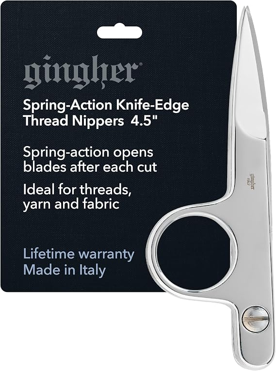 Gingher 4.5" Spring-Action Knife-Edge Thread Nippers, Stainless Steel Shears, Sharp Knife Edge Fabric Scissors with Protective Leather Sheath, Chrome Plated Nickel Finish
