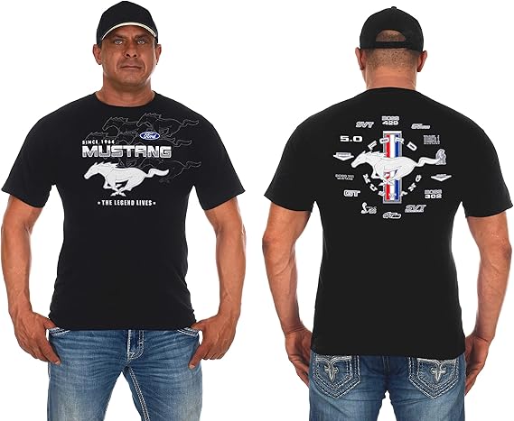 JH Design Men's Ford Mustang Collage Short Sleeve Crew Neck T-Shirt in 4 Colors