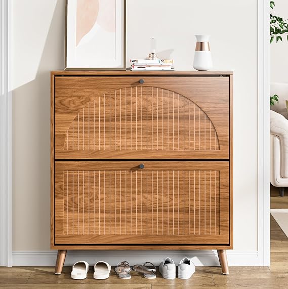 Fsbecl Shoe Storage Cabinet for Entryway with 2 Fluted Flip Drawers, Walnut | Narrow Design, Freestanding Shoe Rack with Adjustment Shelves, Wooden Hidden Organizer for Hallway Foyer, 12-16 Pairs