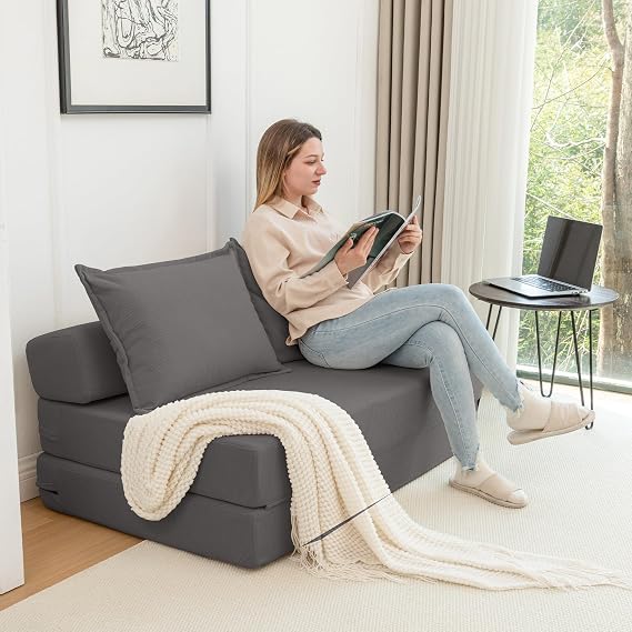 Green Folding Sofa Bed, Foldable Couch with Backrest, Fold Out Chair Bed with Pillow Floor Mattress, Futon Couch for Living Room, Dorm, Guest Room,
