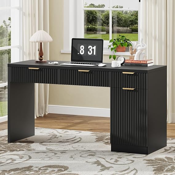 Vabches 60" Executive Desk with Fluted Drawers, Fluted Desk, Black