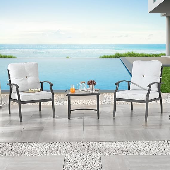 LOKATSE HOME 3 PCS Outdoor Patio Bistro Set, 2 Metal Chairs with Thick Cushion and Coffee Side Table for Backyard Deck Lawn Garden