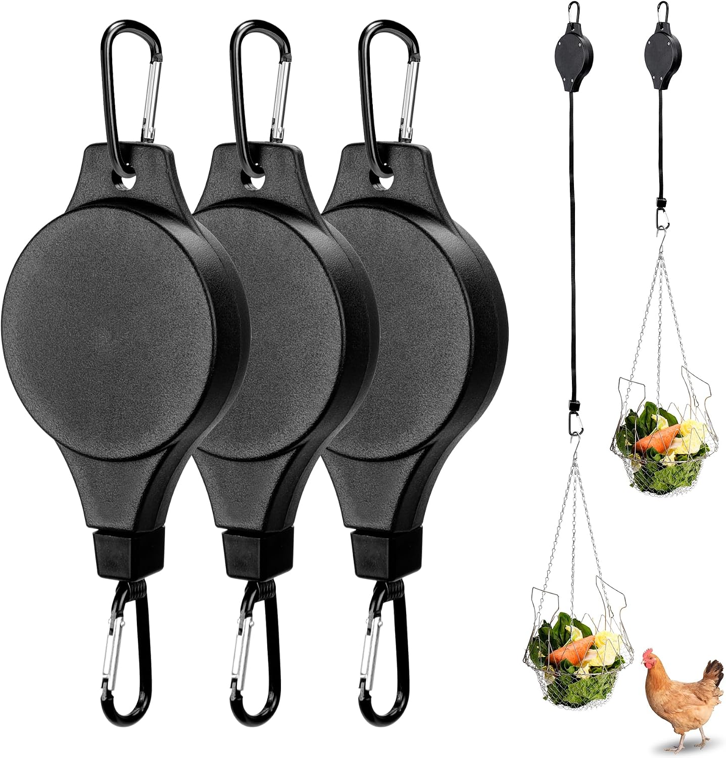 Retractable Hangers for Chicken Coop, 43" Pull-Down Design Hooks for Hanging Chicken Feeder, Waterer & Treat Dispenser, Adjustable Pulley System for Bird Feeder, Planter Hanging, 3PCS