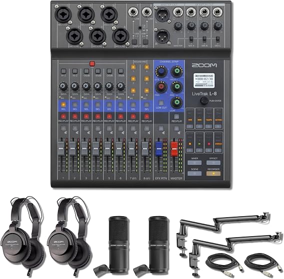 Zoom LiveTrak L-8 Podcast Mixer and 2x ZDM-1 Podcast Mic Pack Bundle Low-Profile Boom Arms, 8-Channel Digital Multitrack Recorder, USB Audio Interface for 2-Person Podcasting and Streaming