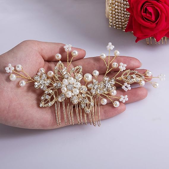 Bridal Hair Comb Clip Pin Rhinestone Pearl Wedding Hair Accessories for Women Brides Bridesmaid Hairpiece Gold