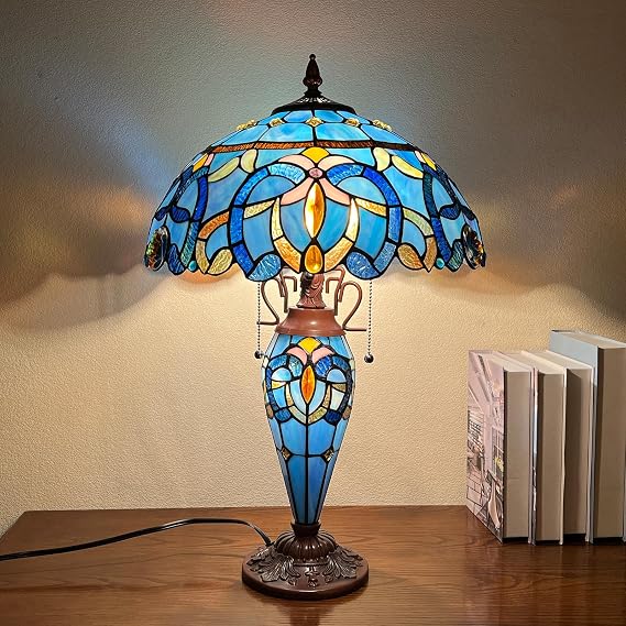 Capulina Tiffany Lamp Blue Brown Stained Glass Table Lamp 3-Light
