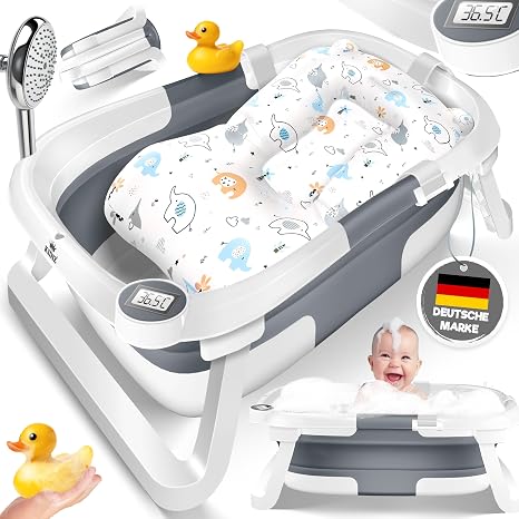 KIDIZ Baby Bathtub Baby Bathtub Space-Saving & Foldable Bath Tub Shower Tray for Newborns Toddlers 0-24 Months Portable Travel Shower for Babies Ergonomic Bathtub with Thermostat and