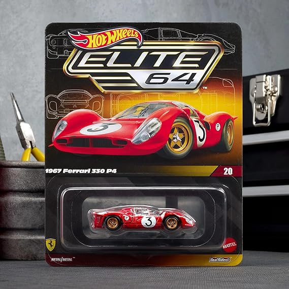 Hot Wheels Elite 64 1967 Ferrari 330 P4-1:64 Scale Premium Diecast Collector Car Red Rosso Corsa, Rear Clam Shell & Real Riders Wheels