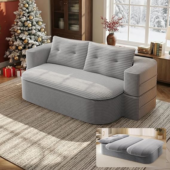 78.7'' Convertible Sleeper Sofa, Corduroy Floor Foam Compression Loveseat Sofa Bed Couch, Modern Folding Futon Couch, Foldable Full Size Guest Bed with 2 Pillows and Blanket for Living Room (Gray)