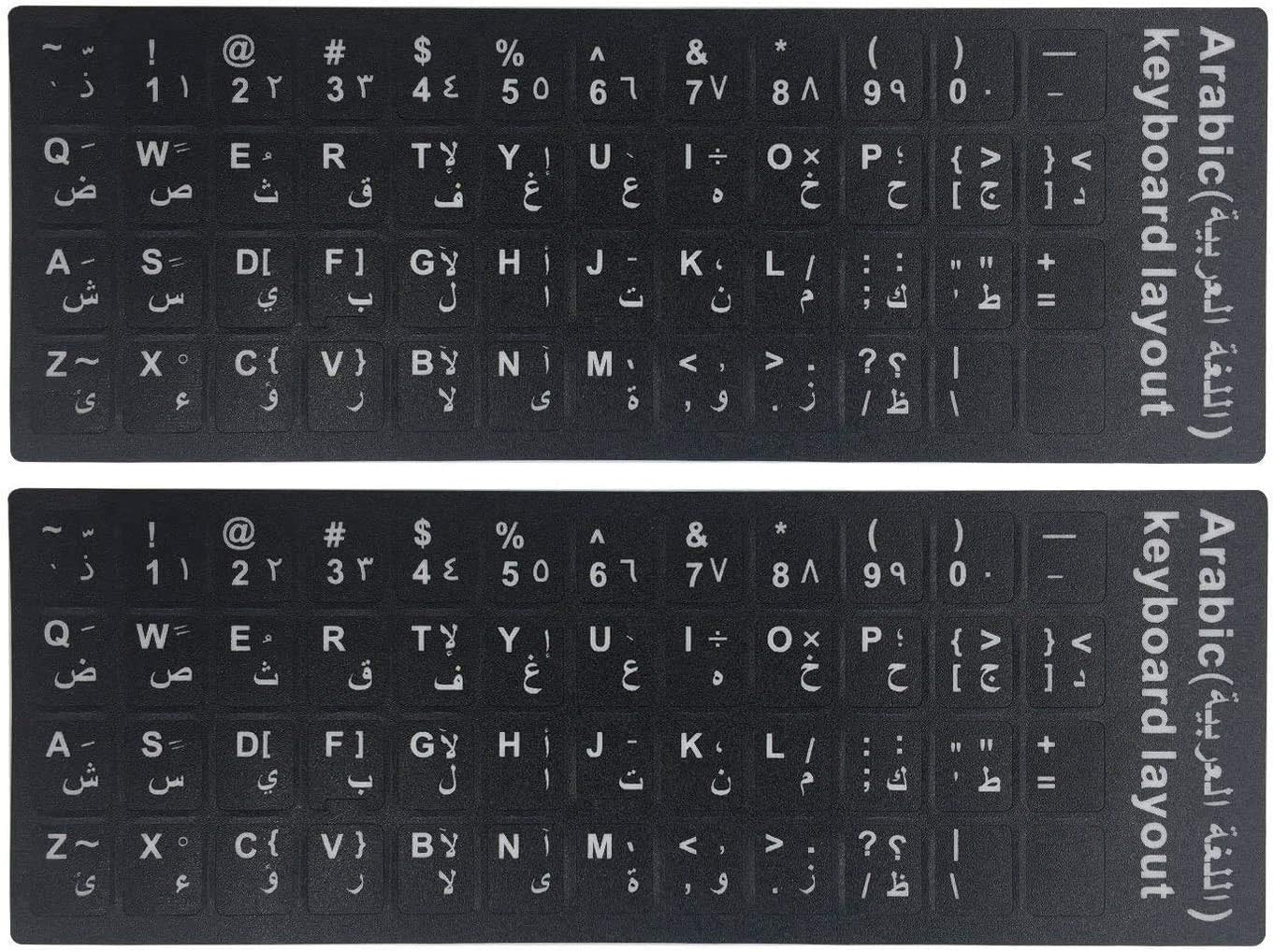 2PCS Universal Arabic Keyboard Stickers, Matte Replacement Arabic Keyboard Stickers with White Font on Black Background for Laptops and Desktops, Keyboard Alphabet Stickers