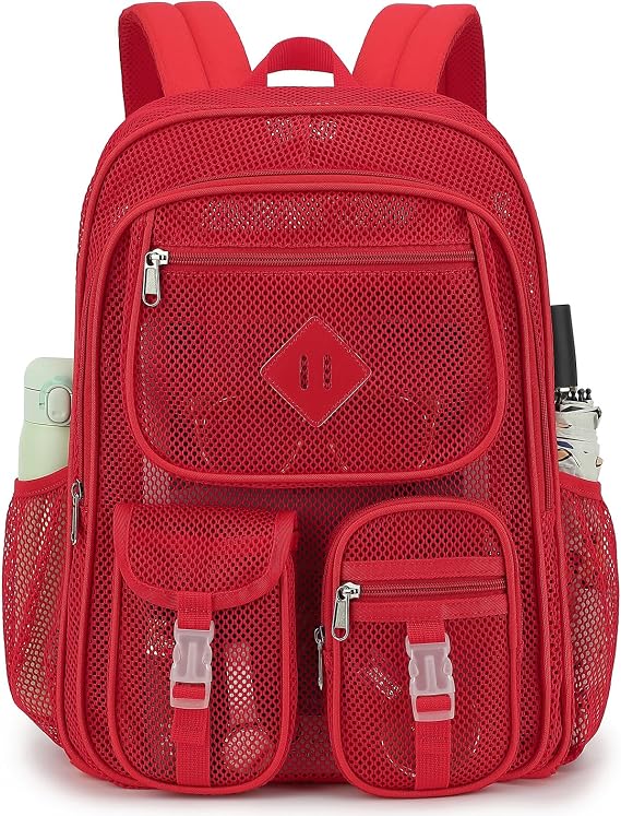 Mesh Backpack for School Girls Boys Heavy Duty See Through Mesh Bookbag for Beach, Swimming, Sports, Work, Travel (Red)