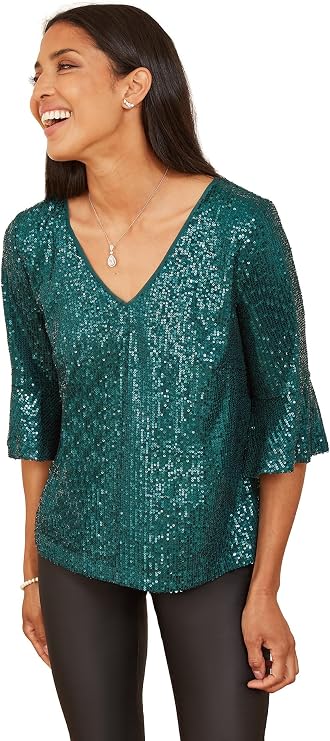 YUMI - Fluted Sleeve Sequin Top - Ladies V Neck Sequin Party Blouse