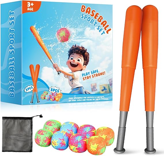 Aooess Baseball Toy for Kid 3-5, Baseball Set with 2 Bats and 8 Water Balls | Oversized 7CM Water Absorbing Balls, Toddler Baseballs for Boys 3-5 Summer Outdoor Pool Party Toy for Boys & Girls Gifts
