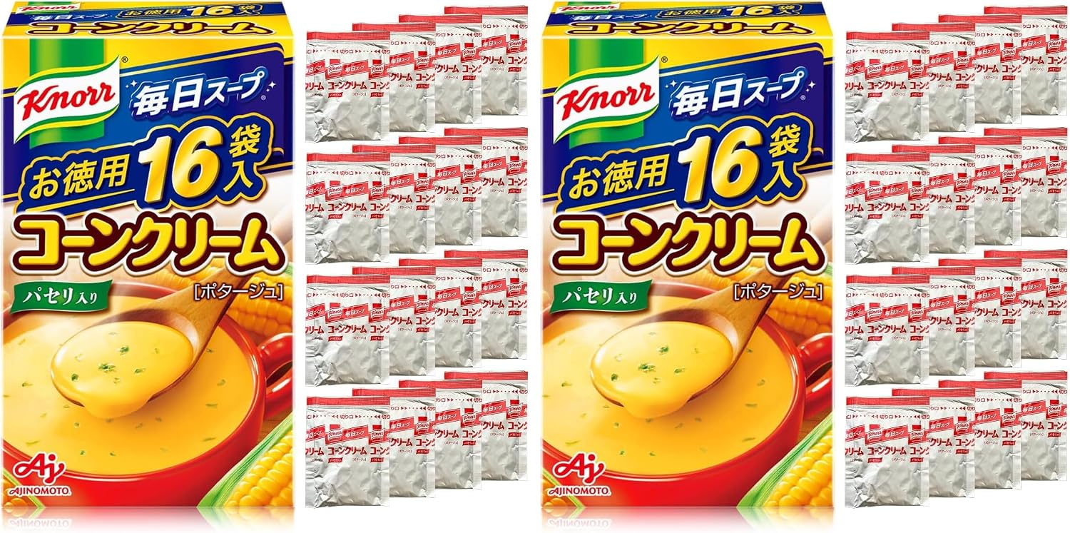 Knor Daily Soup, Corn Cream, Box of 16 Bags, Ajinomoto Vegetable Soup, Instant Soup, Large Capacity, Instant Food, Emergency Reservoir, Cones x2