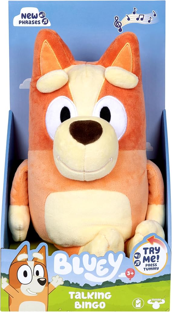 Bluey Sound Effects Talking Bingo Plush Toy, 13 Soft Bingo Toy, Interactive Stuffed Animal with 9 Different Phrases, Musical Toys for Kids