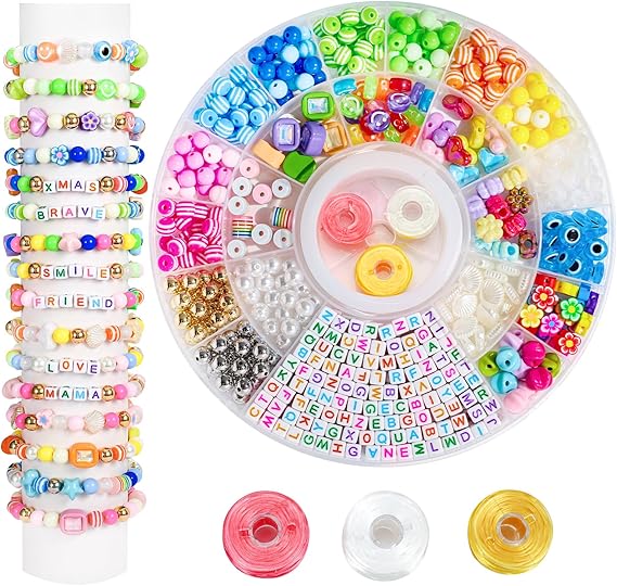 Bead Bracelet Making Kit-600PCS Beads for Friendship Bracelet Making Kit Multicolor Bead Letter Alphabet Stars Heart Ojo Pony Beads for DIY Necklace Jewelry Accessories Christmas Gift for Kids Girls