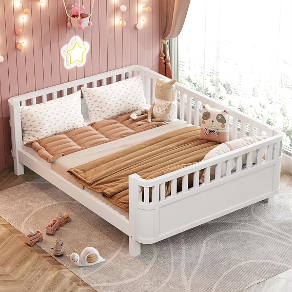 Full Size Kids Bed with Rails, Wooden Low Montessori Bed Frame with Slats Support, Modern Daybed with Detachable Side Rails for Boys Girls Bedroom Living Room, White