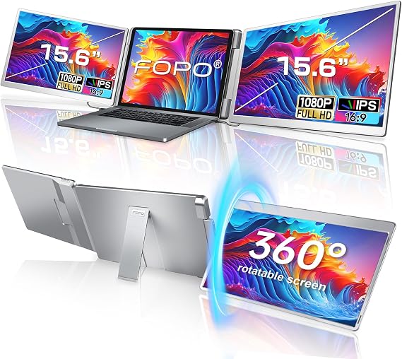 15.6 Triple Laptop Screen Extender, Left Screen 360 Rotation Laptop Monitor Extender, Plug and Play Triplp Monitor for 13-17" Laptops with USB-C/HDMI, for Windows/Mac(M1/M2/M3) Pro/Max - S10