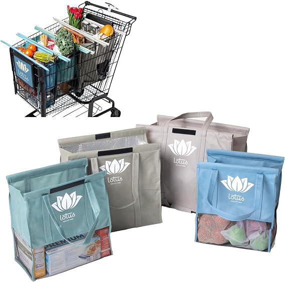 Lotus Earth Tone Trolley Reusable Shopping Bags (4-Pack) Detachable & Reusable Grocery Bags Foldable with Insulated Grocery Bag & Egg/Wine Holder Washable Shopping Tote to Save Time & Easy Storage