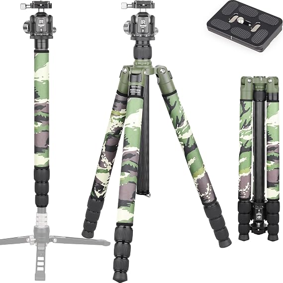 Carbon Fiber Tripod-INNOREL RT85CG Super Professional Stand with Low Gravity Center 360 Panoramic Ballhead and Green Camouflage Leg Covers for Digital DSLR Camera