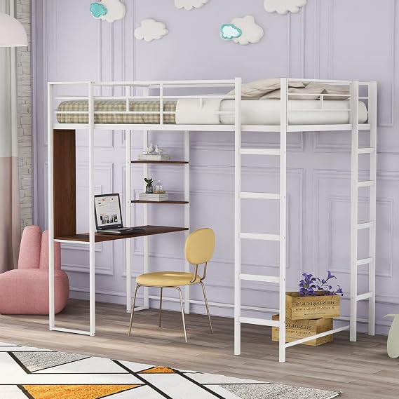 SOFTSEA Twin Metal Loft Bed with Desk and Shelves, Loft Bed with Study Station for Teens Adults