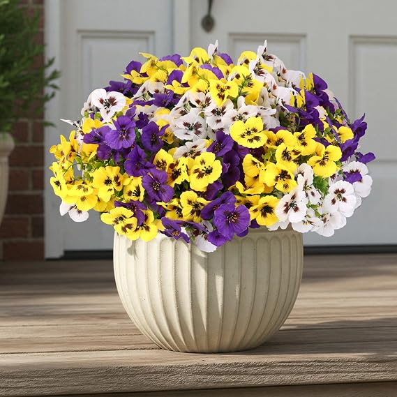 CEWOR 12 Bundles Artificial Flowers for Outdoor Indoor, Fake Silk Pansy with Eucalyptus Leaves, Faux Flower for Garden Front Door Porch Planter Patio Home Decor Yellow White Purple