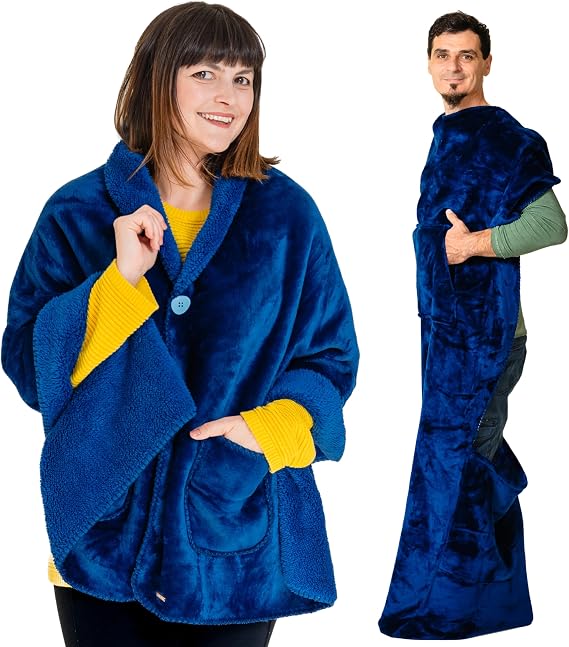 EzrAllora Velvet Blue Bundle: Double Layer Sherpa Poncho Blanket for Women & Lightweight Foot Pocket Throw - Plush Fleece Gifts for Couples, Parents - Work from Home Essentials
