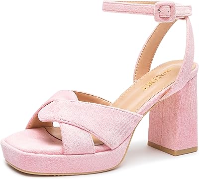 KHPAERMEI Chunky Platform Heels for Women 3.54 Inches Heeled Sandals Comfy Suede Open Toe Ankle Strap Dress High Heels Prom Wedding