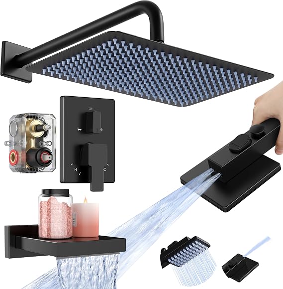 KES Black Bathtub Shower Faucet Set with 12" Rectangle Rain Shower Head, Shower System with 3-Modes Handheld Spray and Waterfall Tub Spout, cUPC Anti-Scald Valve included, XB6336S12-BK