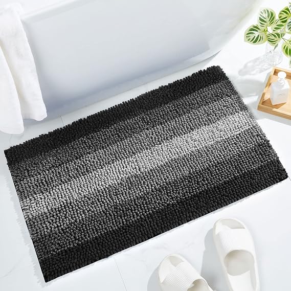 Black Bathroom Rugs, Luxury Chenille Bath Mat, Small Non Slip Shower Rug and Bath Room Floor Mats, Machine Washable, Quick Dry Bathmat, Soft Cozy Plush Rug for Tub, 16" x 24"
