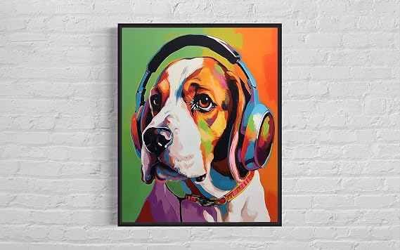 Dog Headphone DArt Print Poster, Wall art Painting Decor, Dog Pop Art Home Decor Artwork For Bedroom Living Room Bathroom Decor (Beagle, 16x20 inches + (Black Frame))