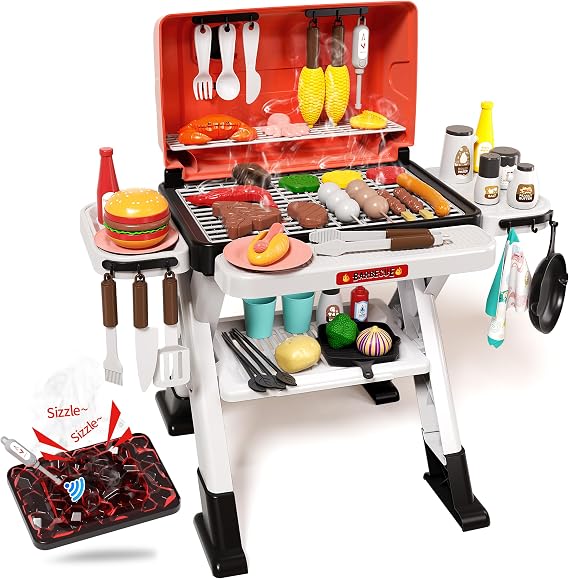 STACTCUTE Kids BBQ Grill Playset with Realistic Steam, Sound & Lights - 60Pcs Pretend Play Kitchen Food Toy for Toddlers Boys Girls for 3-5+ Sturdy Double-Layer Outdoor Backyard Cooking Set Gift