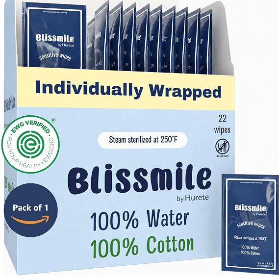 Blissmile 100% Water Wet Wipes, Individually Wrapped Travel Size - 22 ct | Unscented & Fragrance-Free, 100% Cotton - Gentle for Baby, Women & Sensitive Skin - Face, Hand, Body & Feminine Care