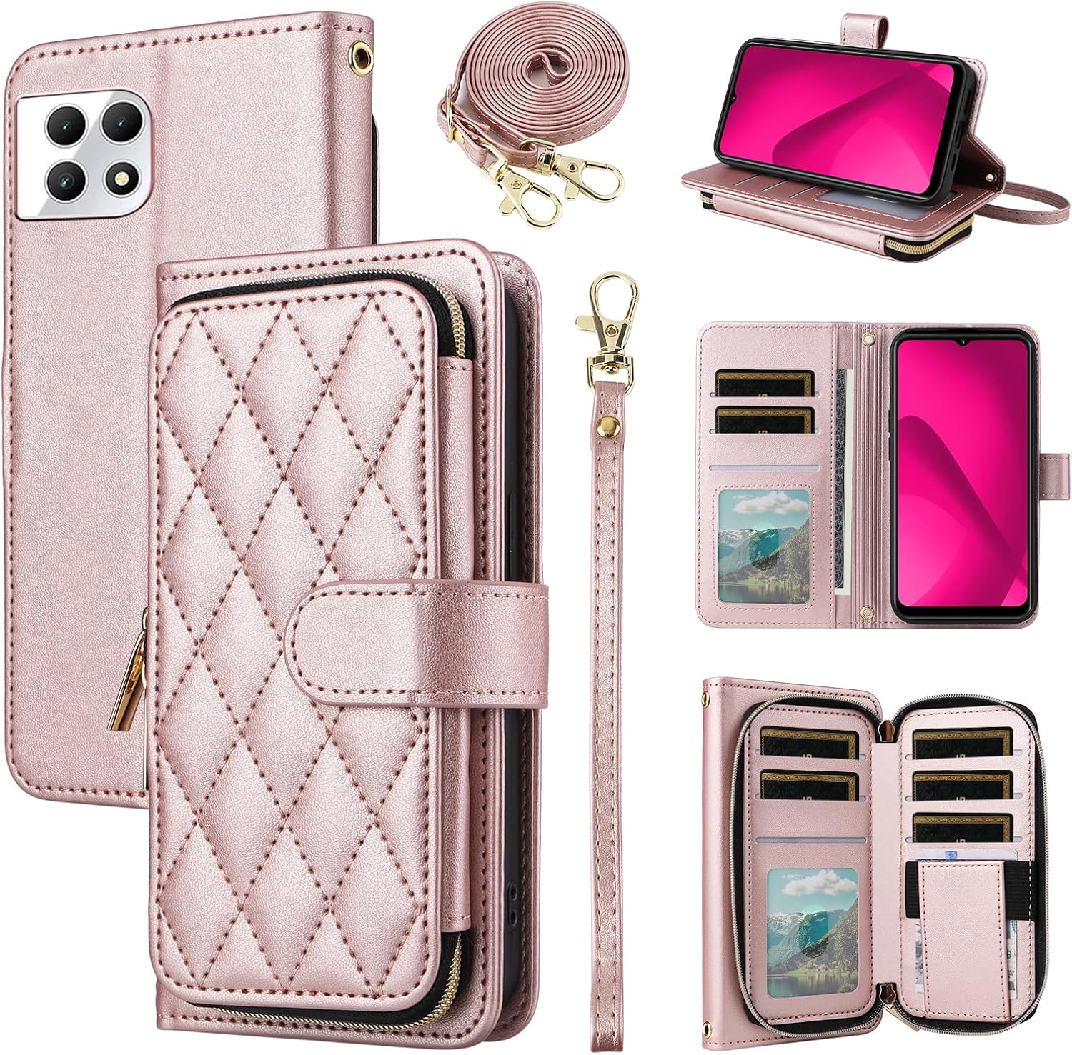 Argyle Wallet Case for T-Mobile Revvl 7 5G with Wrist Strap Shoulder Strap, Card Slots Zipper Purse Stand Phone Cover for Tmobile Revvl7 T Mobile Revel Tmo Revell Rebel Women Girls Rose Gold