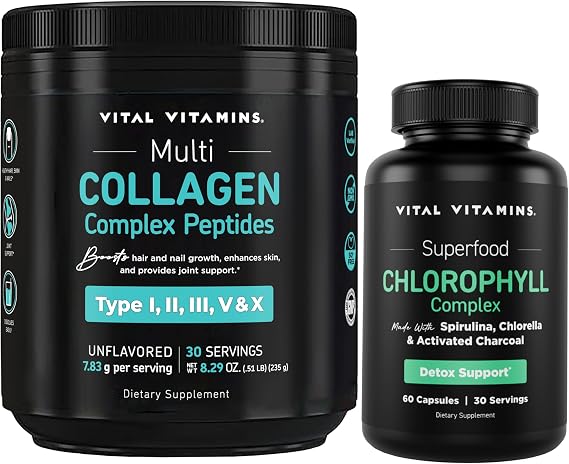 Vital Vitamins Multi Collagen Peptides Powder + Chlorophyll Complex Capsules