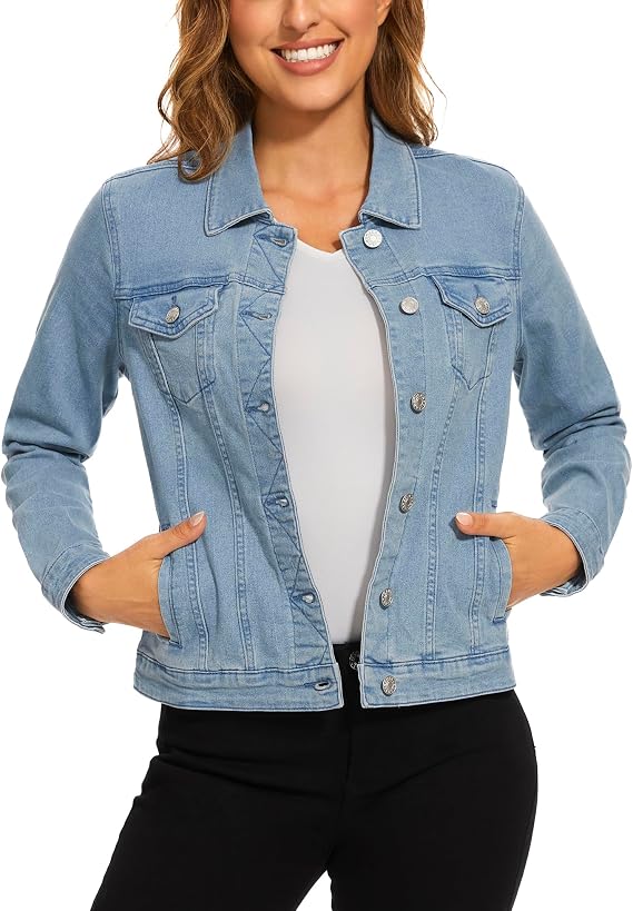 Women's Stretch Denim Jacket Trendy Button Trucker Jean Jackets