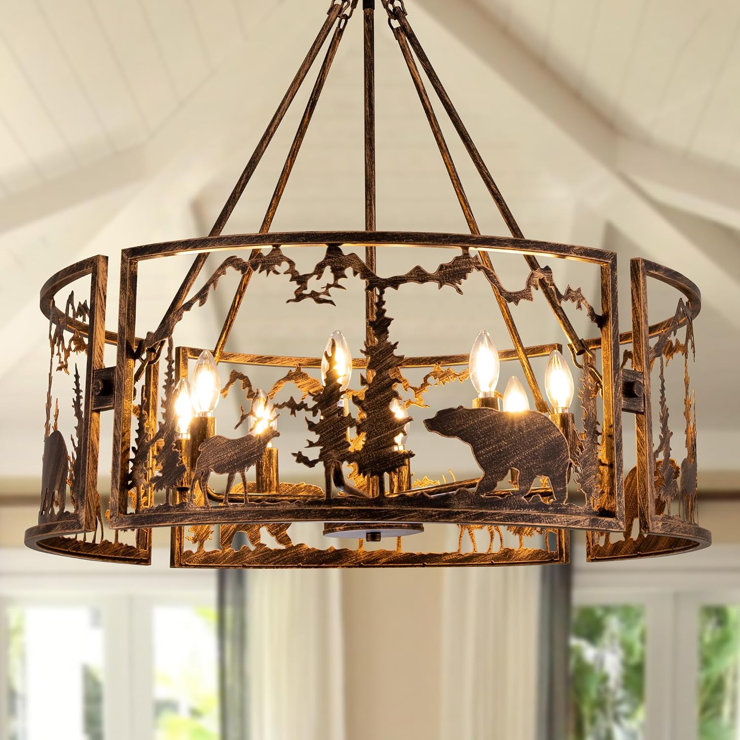 TOCHIC 33 D Rustic Chandeliers for Dining Room, Farmhouse Chandelier with Forest Bear Elk Western Drum Chandelier Light Fixture for Living Room, Bedroom, Foyer, Bronze, 8 Lights