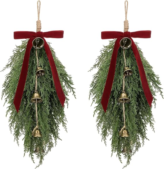 Shihanee 2 Pack Christmas Greenery Cedar Teardrop Swag with Velvet Ribbon Bow and Rustic Vintage Bells - Artificial Swag Wreath for Tree Outdoor Front Door Farmhouse Home Wall Mantle Decor(Burgundy)