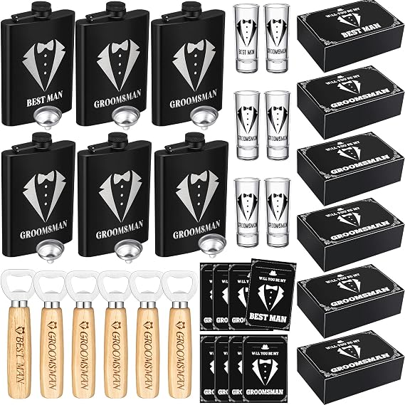 Yaomiao 30 Pcs Groomsmen Proposal Gifts, Flask Shot Glass Opener | 8 oz Stainless Flask with Tuxedo, Wooden Opener, Shot Glass, Black Gift Box, Proposal Card, Wedding Party Favor Set