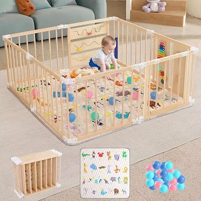 Foldable Wooden Baby Playpen with Soft Play Mat, Adjustable Playpen for Babies and Toddlers with 36 Colorful Balls, Portable Baby Fence Play Area Activity Center with Gate for Toddlers56x56x23inches