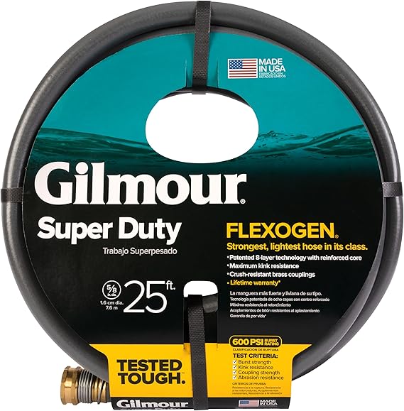 Gilmour Flexogen 5/8 in x 25 ft Garden Hose, Heavy Duty Water Hose, Flexible and Kink Resistant Outdoor Hose | 8-layer heavy duty build, kink-resistant, crush-proof brass couplings, all-season flex, proudly made in USA