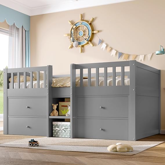 Ball & Cast Low Loft Bed with Storage, Solid Wood Bed Frame with 4 Large Drawers, 3ft Single Wooden Storage Beds with Ladder & Guardrail, Bedroom Furniture For Kids Children Teens, White,190x90 cm