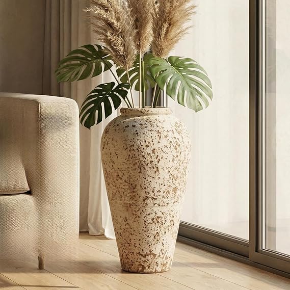 Ceramic Rustic Farmhouse Vase,Extra Large Terra Cotta Vase, Huge Pottery Decorative Flower Vases for Living Room Entryway Table Centerpiece Decor(17'' X 9'' x 9'')(Waist Cinching Bottle)