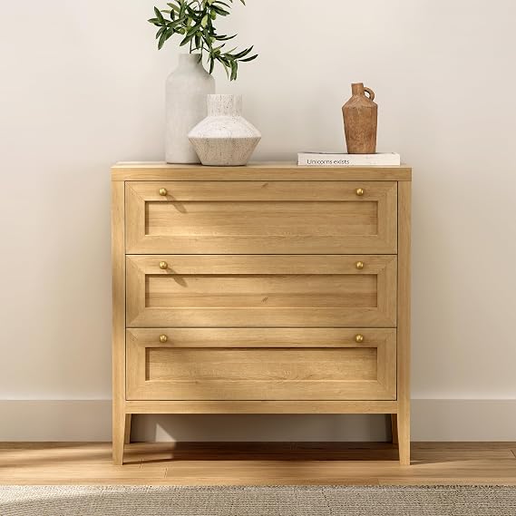 EYYTHUNG Modern 3 Drawer Dresser for Bedroom, Chest of Drawers with Golden Handles, Wood Tall Nightstand, Storage Dresser Cabinet Side Table for Living Room, Hallway, Natural Oak