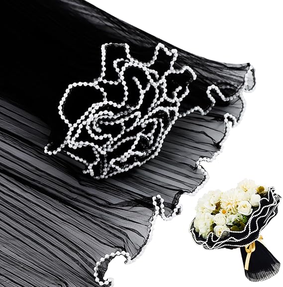 BEISHIDA Flower Wrapping Mesh Paper,Pearl Edge Wrinkled Bouquet Packaging Paper for Florist Supplies Wedding Mother's Day Valentines Gift Packaging(Black ,4 Yards)