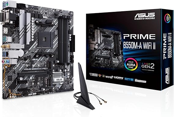 ASUS Prime B550M-A WiFi II Gaming Motherboard Ryzen AM4 Socket AMD B550 mATX PCIe 4.0 WiFi 6 Two M.2 Slots 6 Gbit/s SATA Aura Sync AMD B550 PCIe 4.0 WiFi6 Dual M.2 SATA 6Gbit/s Aura Sync